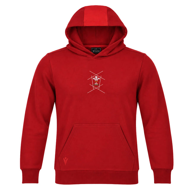 Show your pride with the Wales WRU 26/27 Fan Cotton Hoodie by Macron—a vibrant red hoodie featuring a front pocket and a subtle white geometric and animal graphic on the chest, perfect for any supporter’s collection.