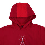 Wales WRU 26/27 Fan Cotton Hoodie by Macron—a red hoodie featuring a two-tone hood and a white dragon “WRU” emblem on the chest, perfect for any devoted supporter of Wales Rugby.