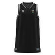 Show your pride with the Wales WRU 26/27 Travel Basketball Singlet by Macron—a sleeveless black sports jersey with white trim, featuring the Welsh Rugby Union logo on the left chest and a Macron logo for 2026/27 on the right chest. The essential training top for devoted Welsh rugby fans.
