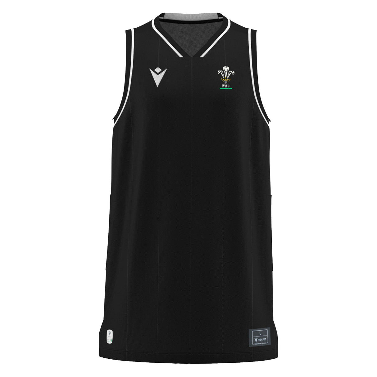 Show your pride with the Wales WRU 26/27 Travel Basketball Singlet by Macron—a sleeveless black sports jersey with white trim, featuring the Welsh Rugby Union logo on the left chest and a Macron logo for 2026/27 on the right chest. The essential training top for devoted Welsh rugby fans.