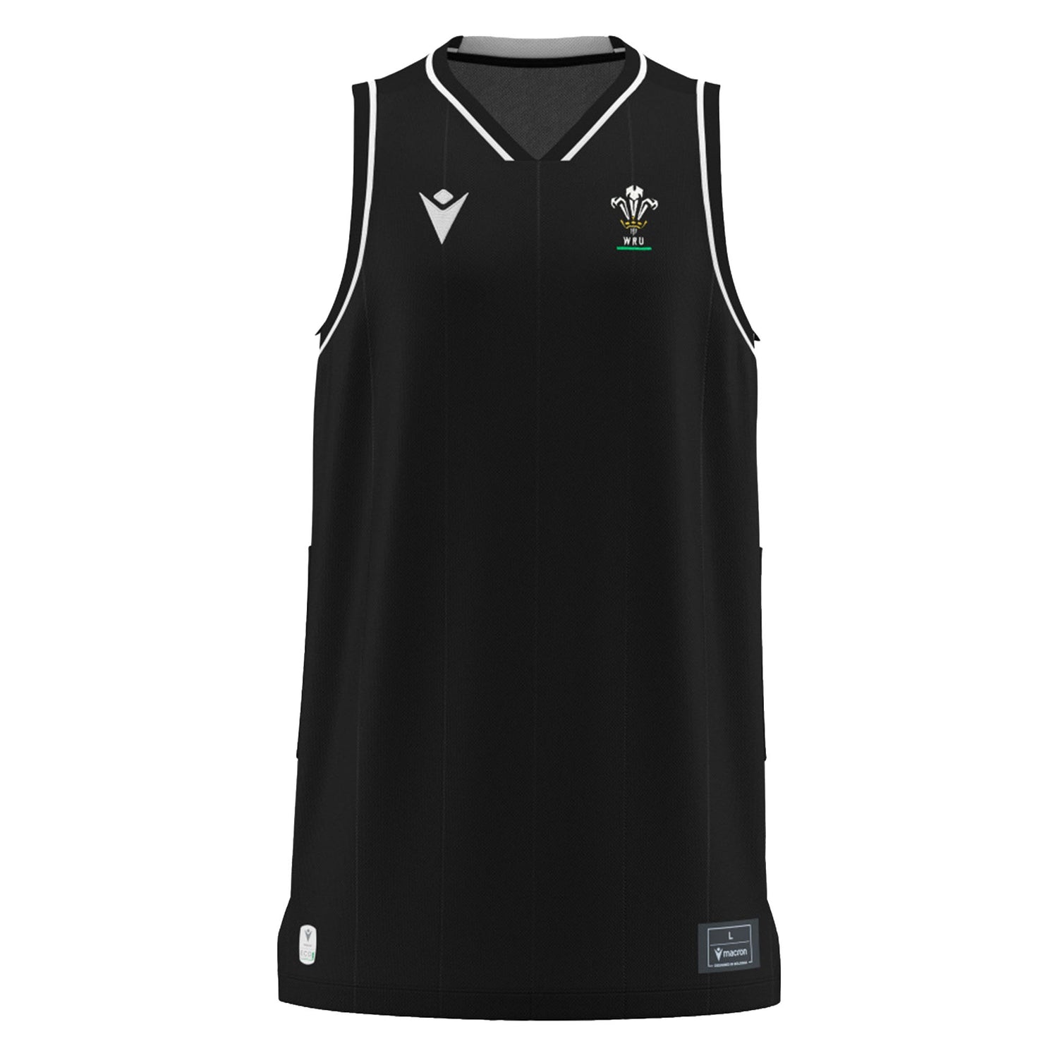 Show your pride with the Wales WRU 26/27 Travel Basketball Singlet by Macron—a sleeveless black sports jersey with white trim, featuring the Welsh Rugby Union logo on the left chest and a Macron logo for 2026/27 on the right chest. The essential training top for devoted Welsh rugby fans.