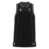 Show your pride with the Wales WRU 26/27 Travel Basketball Singlet by Macron—a sleeveless black sports jersey with white trim, featuring the Welsh Rugby Union logo on the left chest and a Macron logo for 2026/27 on the right chest. The essential training top for devoted Welsh rugby fans.