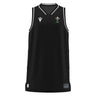 Show your pride with the Wales WRU 26/27 Travel Basketball Singlet by Macron—a sleeveless black sports jersey with white trim, featuring the Welsh Rugby Union logo on the left chest and a Macron logo for 2026/27 on the right chest. The essential training top for devoted Welsh rugby fans.
