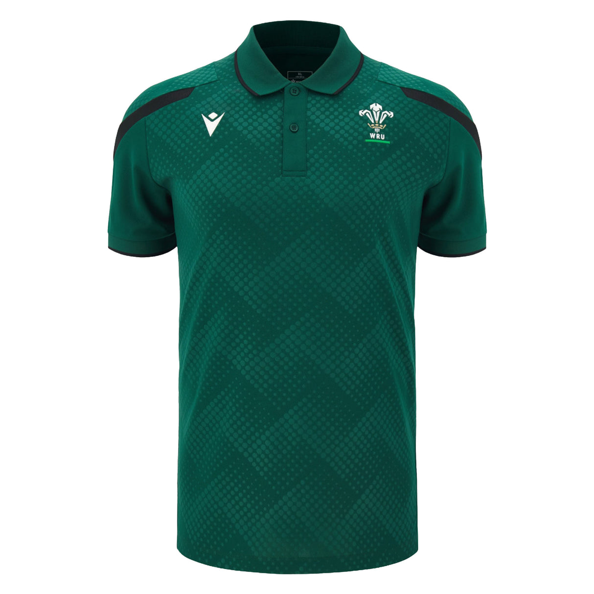 Wales WRU 26/27 Travel Poly Polo by Macron in green, featuring black shoulder accents, white chest logos, and a subtle checkered pattern.