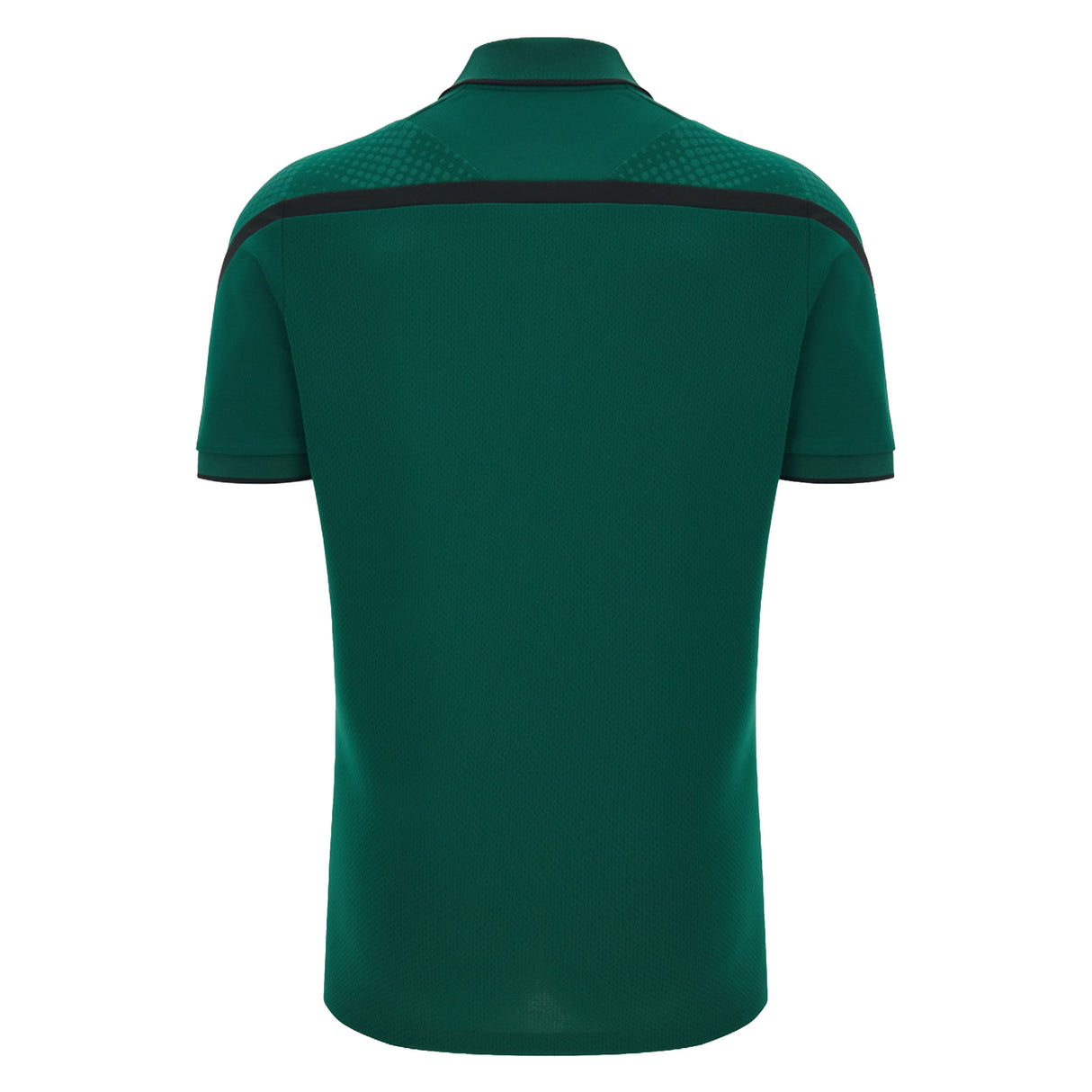 The Wales WRU 26/27 Travel Poly Polo by Macron is a green short-sleeved polo shirt displayed from the back, featuring black detailing on the collar, sleeve edges, and shoulders. Inspired by classic Welsh Rugby Union shirts, this design captures the sporty elegance associated with Wales rugby.