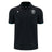 Introducing the Wales WRU 26/27 Travel Cotton Polo by Macron—a black short-sleeve polo shirt crafted from comfortable cotton, designed with a classic collar. It features a white embroidered crest on the left chest and a subtle white Macron logo on the right chest. Inspired by classic Macron rugby shirt styling, this polo embodies timeless team spirit and enduring comfort.