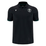 Introducing the Wales WRU 26/27 Travel Cotton Polo by Macron—a black short-sleeve polo shirt crafted from comfortable cotton, designed with a classic collar. It features a white embroidered crest on the left chest and a subtle white Macron logo on the right chest. Inspired by classic Macron rugby shirt styling, this polo embodies timeless team spirit and enduring comfort.