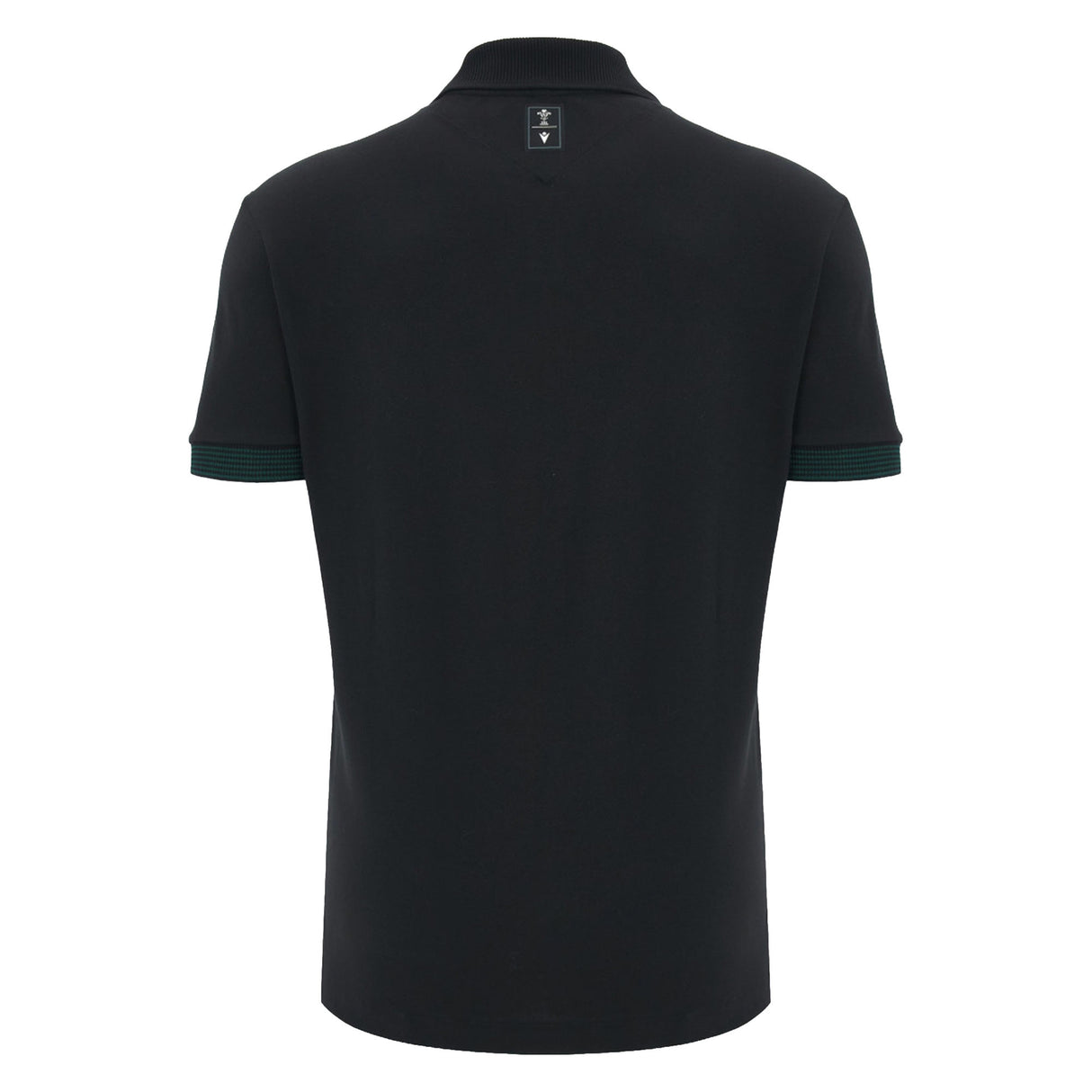 Back view of the Wales WRU 26/27 Travel Cotton Polo by Macron, a plain black short-sleeve shirt with ribbed collar and cuffs, displayed against a white background.