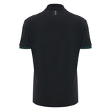 Back view of the Wales WRU 26/27 Travel Cotton Polo by Macron, a plain black short-sleeve shirt with ribbed collar and cuffs, displayed against a white background.