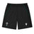 The Wales WRU 26/27 Travel Training Shorts by Macron feature a black design with an elastic waistband, green accents, a white WRU logo on the left leg, and a white Macron logo on the right leg. Displayed on a plain background, these athletic shorts offer a comfortable fit ideal for workouts or casual wear.