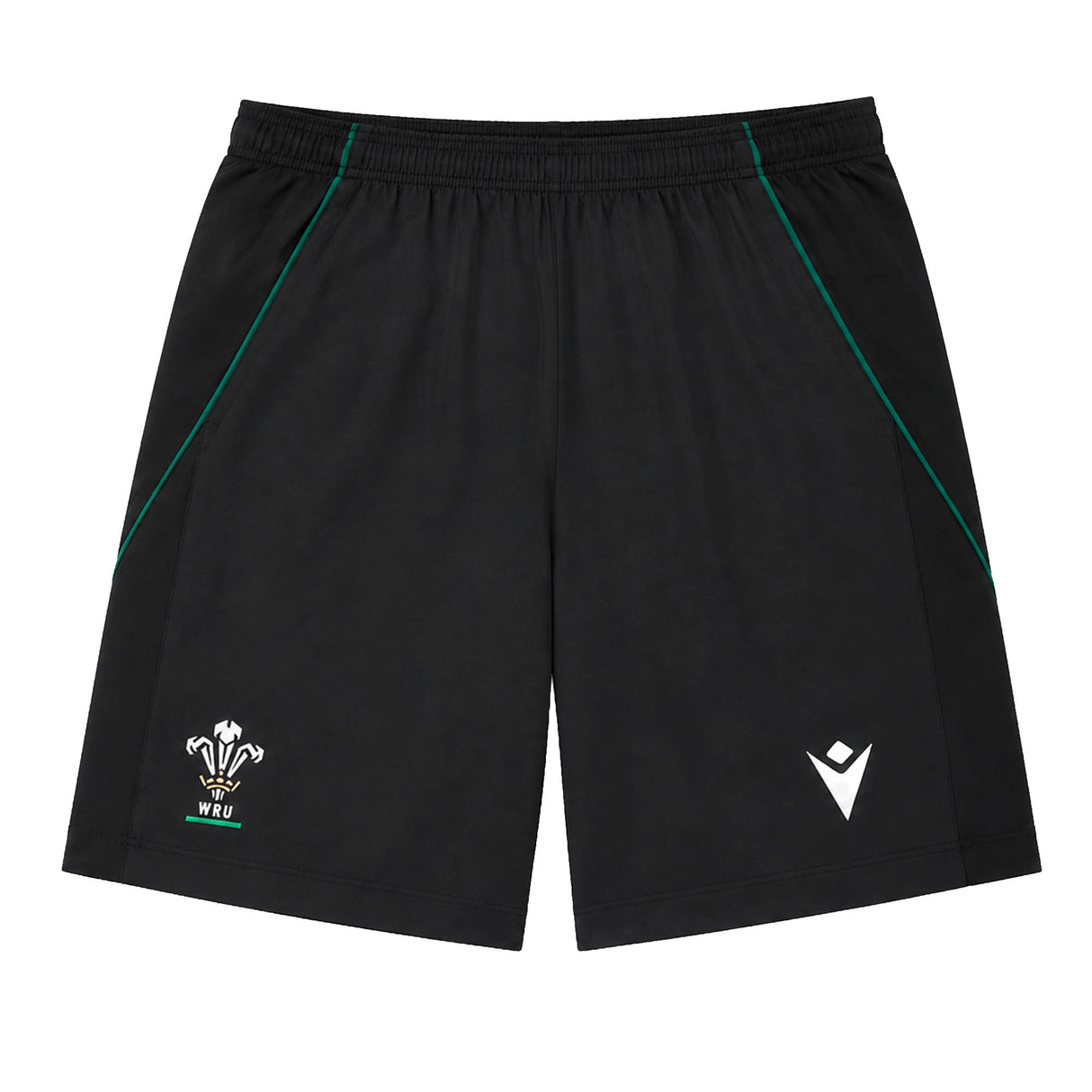 The Wales WRU 26/27 Travel Training Shorts by Macron feature a black design with an elastic waistband, green accents, a white WRU logo on the left leg, and a white Macron logo on the right leg. Displayed on a plain background, these athletic shorts offer a comfortable fit ideal for workouts or casual wear.