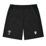 The Wales WRU 26/27 Travel Training Shorts by Macron feature a black design with an elastic waistband, green accents, a white WRU logo on the left leg, and a white Macron logo on the right leg. Displayed on a plain background, these athletic shorts offer a comfortable fit ideal for workouts or casual wear.
