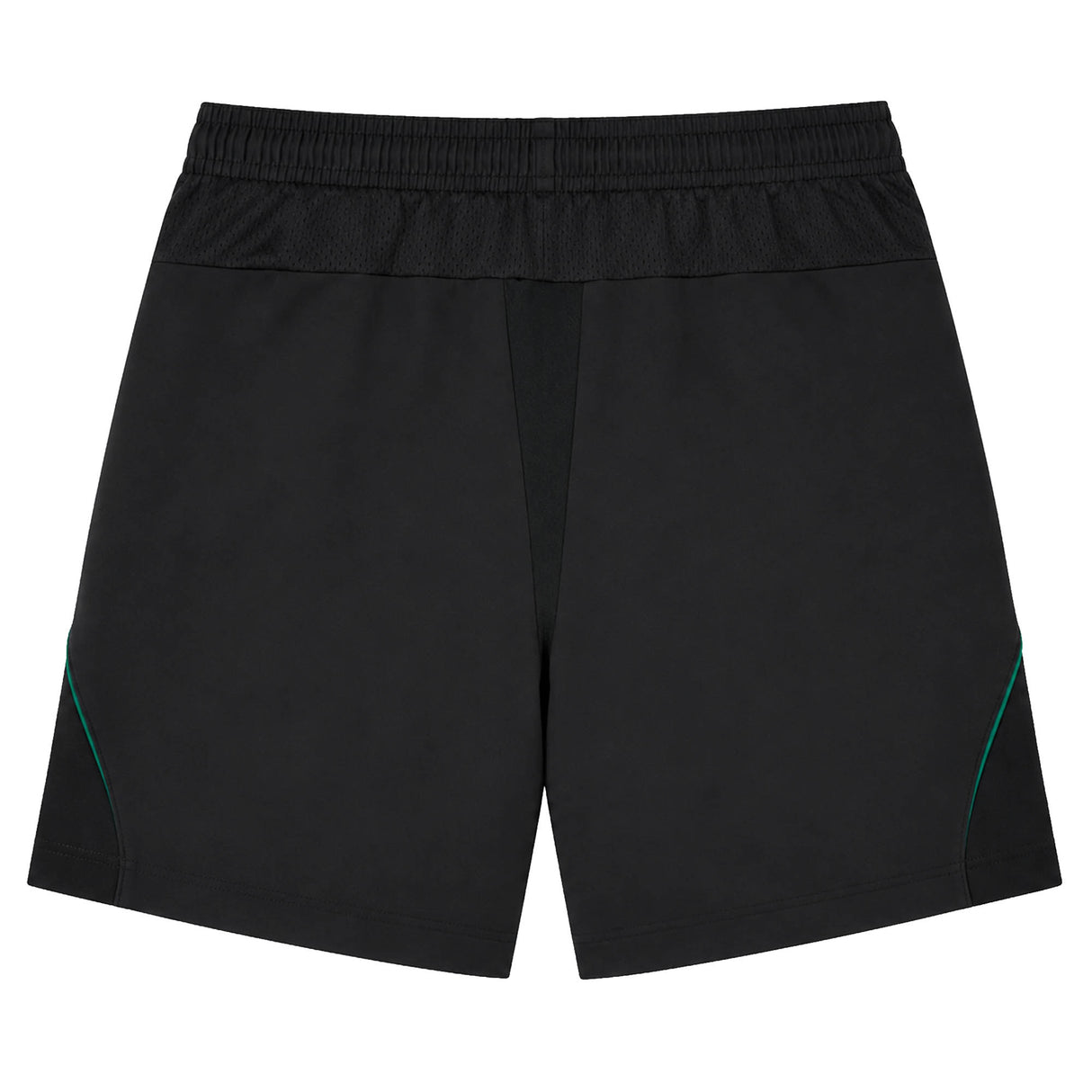 The Wales WRU 26/27 Travel Training Shorts by Macron feature an elastic waistband, solid black fabric with green accent lines along the sides, and a Bermuda-style athletic silhouette. Photographed flat on a white background, the image showcases the back view of these versatile shorts from Macron.