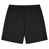 The Wales WRU 26/27 Travel Training Shorts by Macron feature an elastic waistband, solid black fabric with green accent lines along the sides, and a Bermuda-style athletic silhouette. Photographed flat on a white background, the image showcases the back view of these versatile shorts from Macron.