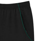 Close-up of the Wales WRU 26/27 Travel Training Shorts by Macron in black, showcasing an elastic waistband and a zippered pocket accented with a green line along the seam—evoking the streamlined design characteristic of Macron’s travel shorts.
