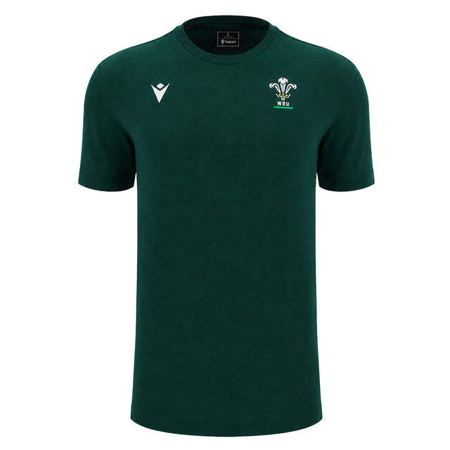 The Wales WRU 26/27 Travel Poly/Cotton T-Shirt by Macron is a plain dark green short-sleeve shirt featuring a white Macron logo on the right chest and the Welsh Rugby Union (WRU) emblem on the left chest, from the WRU travel collection.
