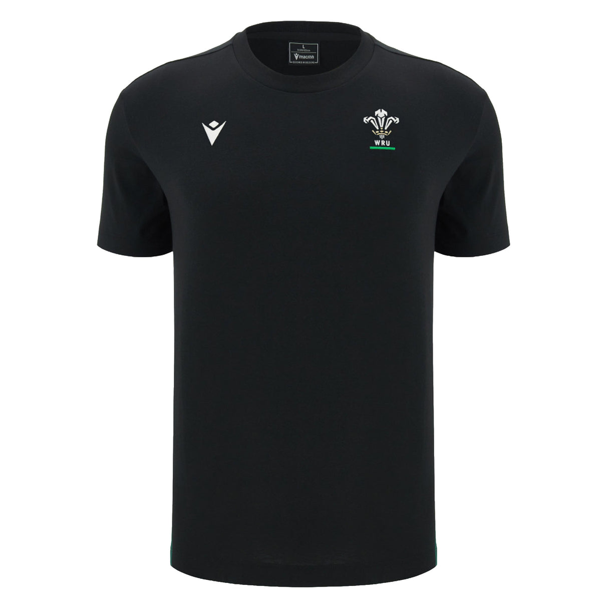 Show your Welsh pride in the Wales WRU 26/27 Travel Poly/Cotton T-Shirt by Macron. Featuring a black short-sleeve design, this official top from the WRU travel collection sports white logos on the chest—including the iconic Welsh Rugby Union emblem and a stylized “M” for Macron—blending comfort with unmistakable team spirit.