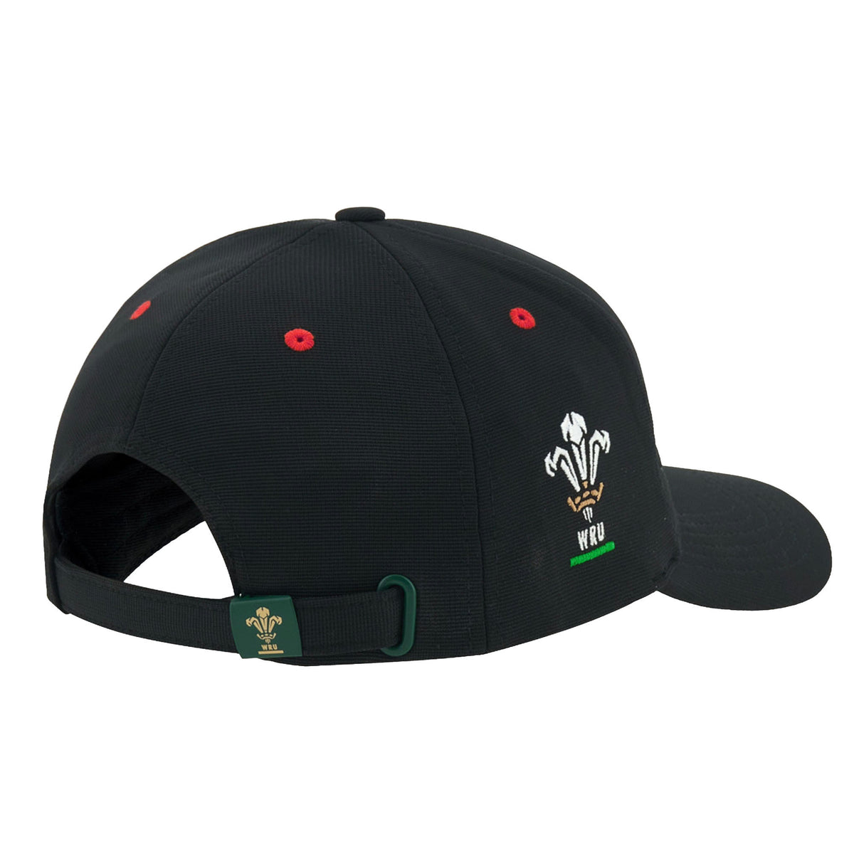 Show your support with the Wales WRU 26/27 Baseball Cap by Macron. This black cap features red eyelets, an adjustable strap, and the Welsh Rugby Union logo embroidered on the back above the letters “WRU.” Officially licensed by Macron, it’s perfect for any proud supporter of Welsh rugby.