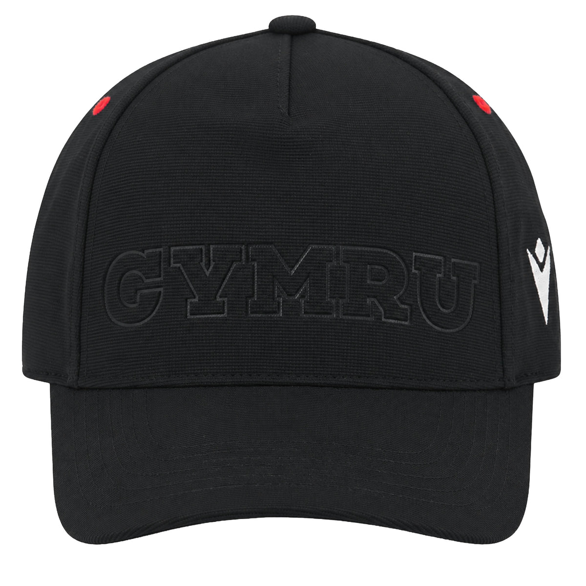 The Wales WRU 26/27 Baseball Cap by Macron is a black cap with raised black “CYMRU” text on the front, featuring a white Macron logo on the right side and two small red accents near the top seams.