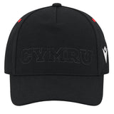 The Wales WRU 26/27 Baseball Cap by Macron is a black cap with raised black “CYMRU” text on the front, featuring a white Macron logo on the right side and two small red accents near the top seams.