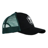 Introducing the Wales WRU 26/27 Trucker Cap by Macron—a sleek black and green mesh hat with a curved brim and a white embroidered logo on the front. Perfect for supporters, this stylish cap from Macron blends comfort with true team pride.