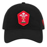 The Wales WRU 26/27 Dad Cap by Macron is a black cap featuring a red patch with the Welsh Rugby Union (WRU) logo—three feathers and “WRU” text—on the front. This stylish Macron cap is perfect for any supporter wanting to show their passion for Welsh rugby.