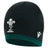 The Wales WRU 26/27 Knit Beanie by Macron features a black and green knit design with the iconic Welsh Rugby Union logo and a white Macron brand logo on the front.