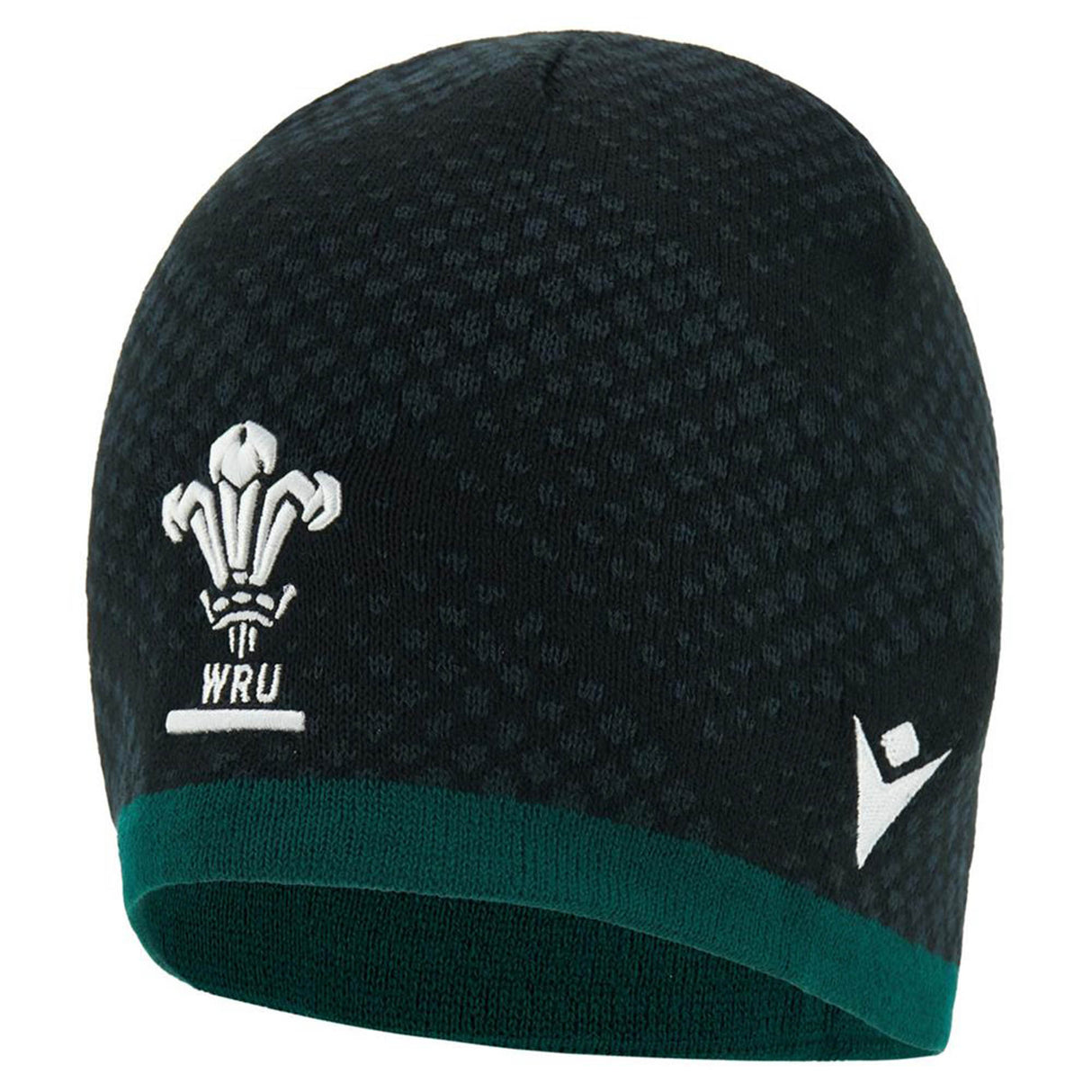 The Wales WRU 26/27 Knit Beanie by Macron features a black and green knit design with the iconic Welsh Rugby Union logo and a white Macron brand logo on the front.