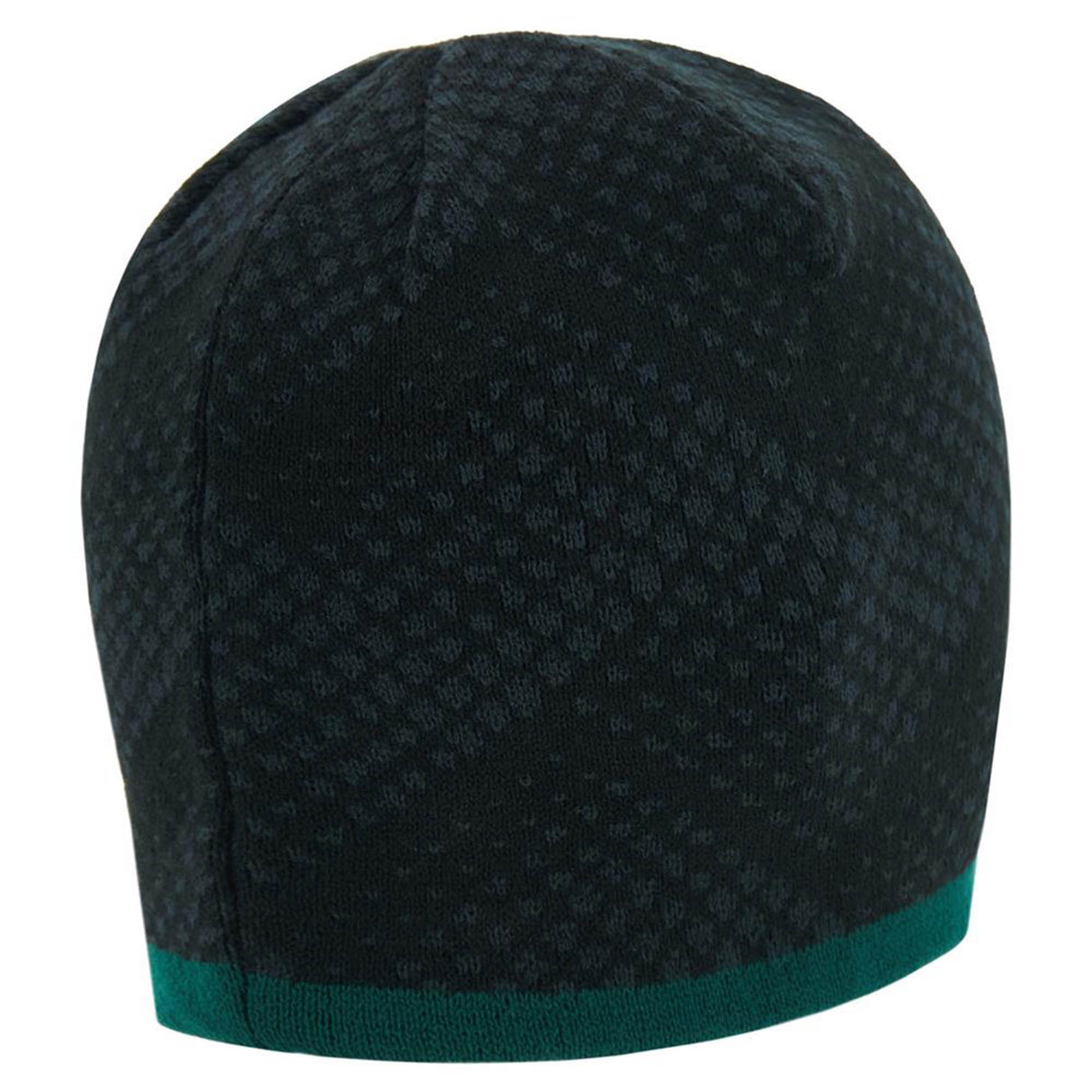 The Wales WRU 26/27 Knit Beanie by Macron features a black knit design with a subtle checkered pattern and a dark green band at the bottom, shown from the back for a sleek, modern look.