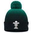 The Wales WRU 26/27 Pom-Pom Beanie by Macron features a green and black knit design with a pom-pom, showcasing the WRU logo in white on the front fold and an additional white logo on the side. This classic beanie by Macron is perfect for any Wales Rugby fan wanting to stay warm in style.
