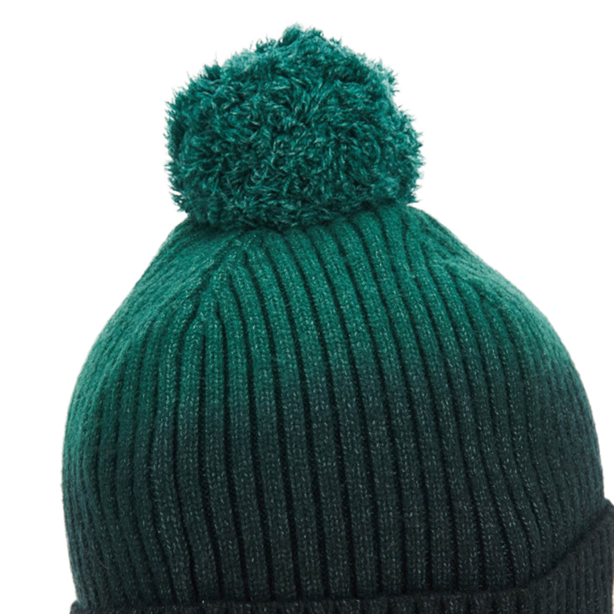 A close-up of the Wales WRU 26/27 Pom-Pom Beanie by Macron, showcasing its dark green color, ribbed texture, and soft material, finished with a pom-pom on top for a classic look.