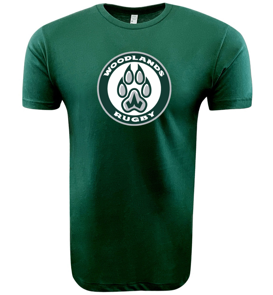 The Woodlands Youth Paw Print Supersoft Tee by WRS LAT is a dark green unisex cotton t-shirt with a circular paw print "Woodlands Rugby" logo on the chest.
