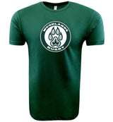 The Woodlands Youth Paw Print Supersoft Tee by WRS LAT is a dark green unisex cotton t-shirt with a circular paw print "Woodlands Rugby" logo on the chest.