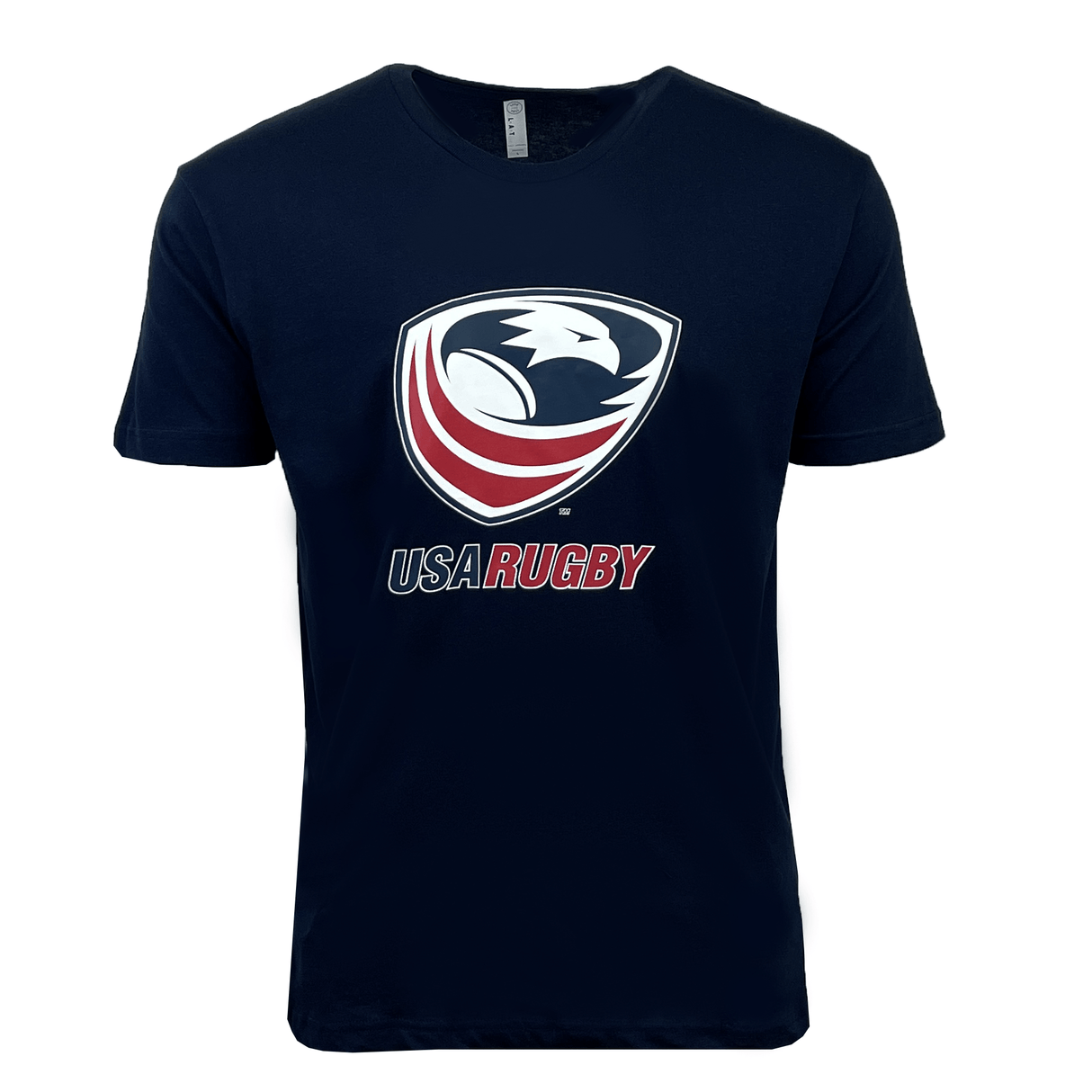 The USA Rugby 2025 Supersoft Tournament T-Shirt by World Rugby Shop is a navy blue tee with an eagle and rugby ball over "USA Rugby" in red and white—ideal for fans of Tournament 2025.