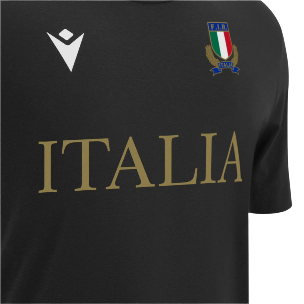 Close-up of the Italy 25/26 Cotton Supporters Shirt by Macron, made from soft cotton, with "ITALIA" in gold and the Italian Rugby Federation crest on the chest.