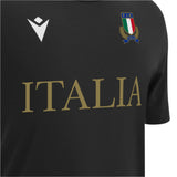 Close-up of the Italy 25/26 Cotton Supporters Shirt by Macron, made from soft cotton, with "ITALIA" in gold and the Italian Rugby Federation crest on the chest.