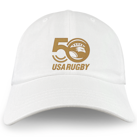 Commemorate USA Rugby's 50th Anniversary with the EMB Alpha Broder's USA Rugby 50th Anniversary Cotton Twill Dad Cap. The cap features a classic white design with an embroidered gold "USA Rugby" logo and a stylized "50" incorporating an eagle for a unique touch.
