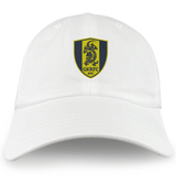 The Gotham Knights Adult Low-Profile Cotton Twill Dad Cap by EMB S&S Activewear features a white design with an embroidered yellow and black shield, a lion, and "GKRFC NYC" on the front.