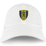 The Gotham Knights Adult Low-Profile Cotton Twill Dad Cap by EMB S&S Activewear features a white design with an embroidered yellow and black shield, a lion, and "GKRFC NYC" on the front.