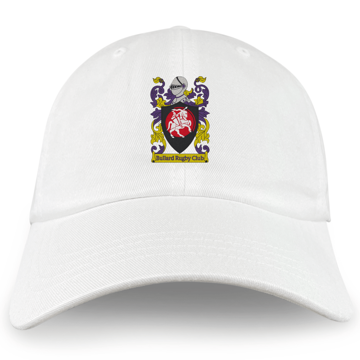 The Bullard Rugby Adult Low-Profile Cotton Twill Dad Cap by EMB S&S Activewear features the club crest with a shield, rugby ball, and vintage purple, yellow, black, and white details for classic style.