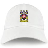 The Bullard Rugby Adult Low-Profile Cotton Twill Dad Cap by EMB S&S Activewear features the club crest with a shield, rugby ball, and vintage purple, yellow, black, and white details for classic style.