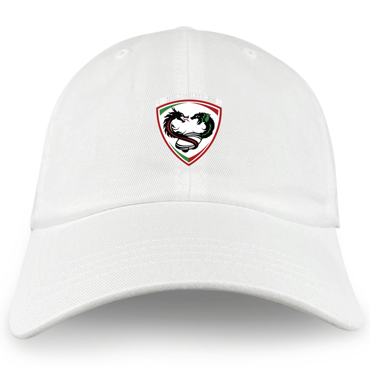 The Loudoun Adult Low-Profile Cotton Twill Dad Cap by EMB S&S Activewear features a white cotton twill build with an embroidered stylized duck face in a red, green, and white outlined shield.
