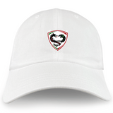 The Loudoun Adult Low-Profile Cotton Twill Dad Cap by EMB S&S Activewear features a white cotton twill build with an embroidered stylized duck face in a red, green, and white outlined shield.
