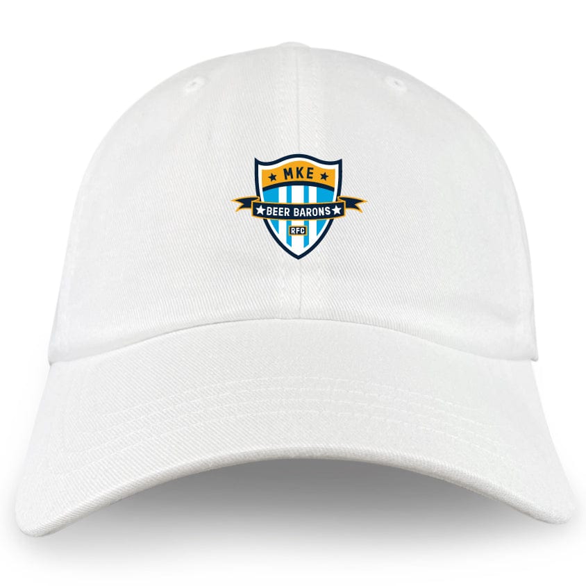 EMB S&S Activewear’s Milwaukee Beer Barons RFC Adult Low-Profile Cotton Twill Dad Cap features a white cotton twill build and an embroidered multicolored "MKE Beer Barons" crest logo on the front.