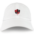 The EMB S&S Activewear Southern Pines Youth Rugby Adult Low-Profile Cotton Twill Dad Cap is a white classic dad hat featuring a red and black shield logo with "S P" and "Southern Pines Youth Rugby" text.