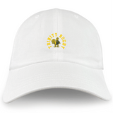 The EMB S&S Activewear Trinity College Adult Low-Profile Cotton Twill Dad Cap features white cotton twill, an embroidered yellow rooster, and "TRINITY RUGBY" on the front.