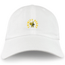 The EMB S&S Activewear Trinity College Adult Low-Profile Cotton Twill Dad Cap features white cotton twill, an embroidered yellow rooster, and "TRINITY RUGBY" on the front.