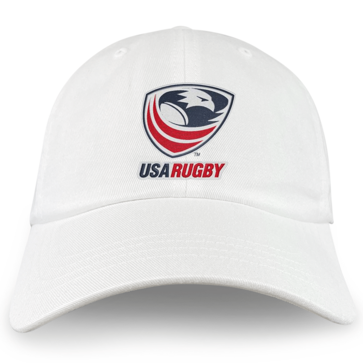 The USA Rugby Dad Cap by EMB Alpha Broder features the iconic USA Rugby logo with an eagle design in blue, red, and white.