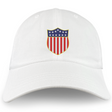 The USA Rugby Original Olympic Dad Cap by EMB S&S Activewear features a shield emblem with blue and white stars above red and white stripes—an ideal commemorative accessory for true USA Rugby fans.