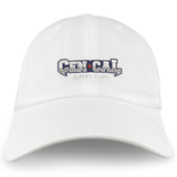 The CenCal Rugby Adult Low-Profile Cotton Twill Dad Cap by EMB S&S Activewear features "CEN CAL RUGBY CLUB" embroidered in gray and white, with a red star between "CEN" and "CAL.